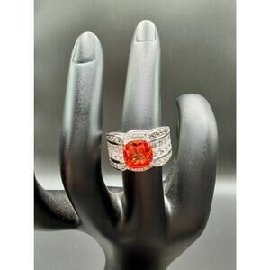 Sterling Silver Cushion-Cut Orange CZ Statement Ring – Size 5